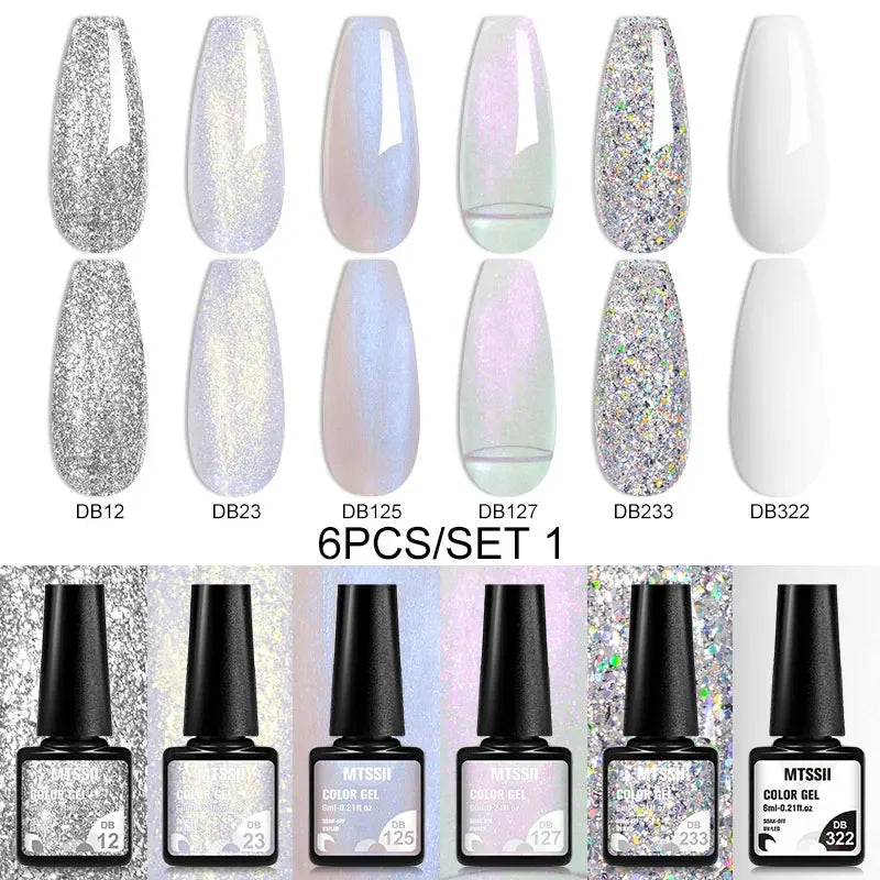 Blushimmer MTSSII 6-piece set of sparkly red gel nail polishes with shiny finish, ideal for nail art and manicures.