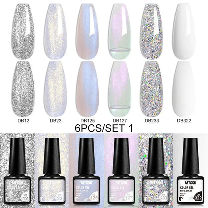 Blushimmer MTSSII 6-piece set of sparkly red gel nail polishes with shiny finish, ideal for nail art and manicures.