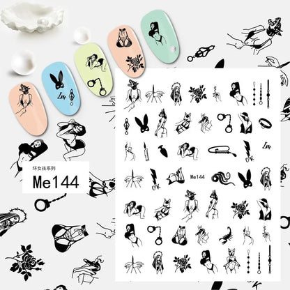 Black and white nail art stickers by Blushimmer featuring sexy, press-on body and nail slider decals for creative nail design.