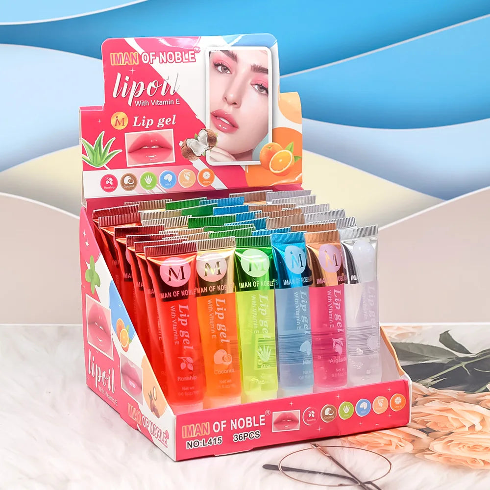 Set of 6 fruity flavor watery glossy lip glosses by Blushimmer, clear hydrating and moisturizing lip gel for women lips makeup.