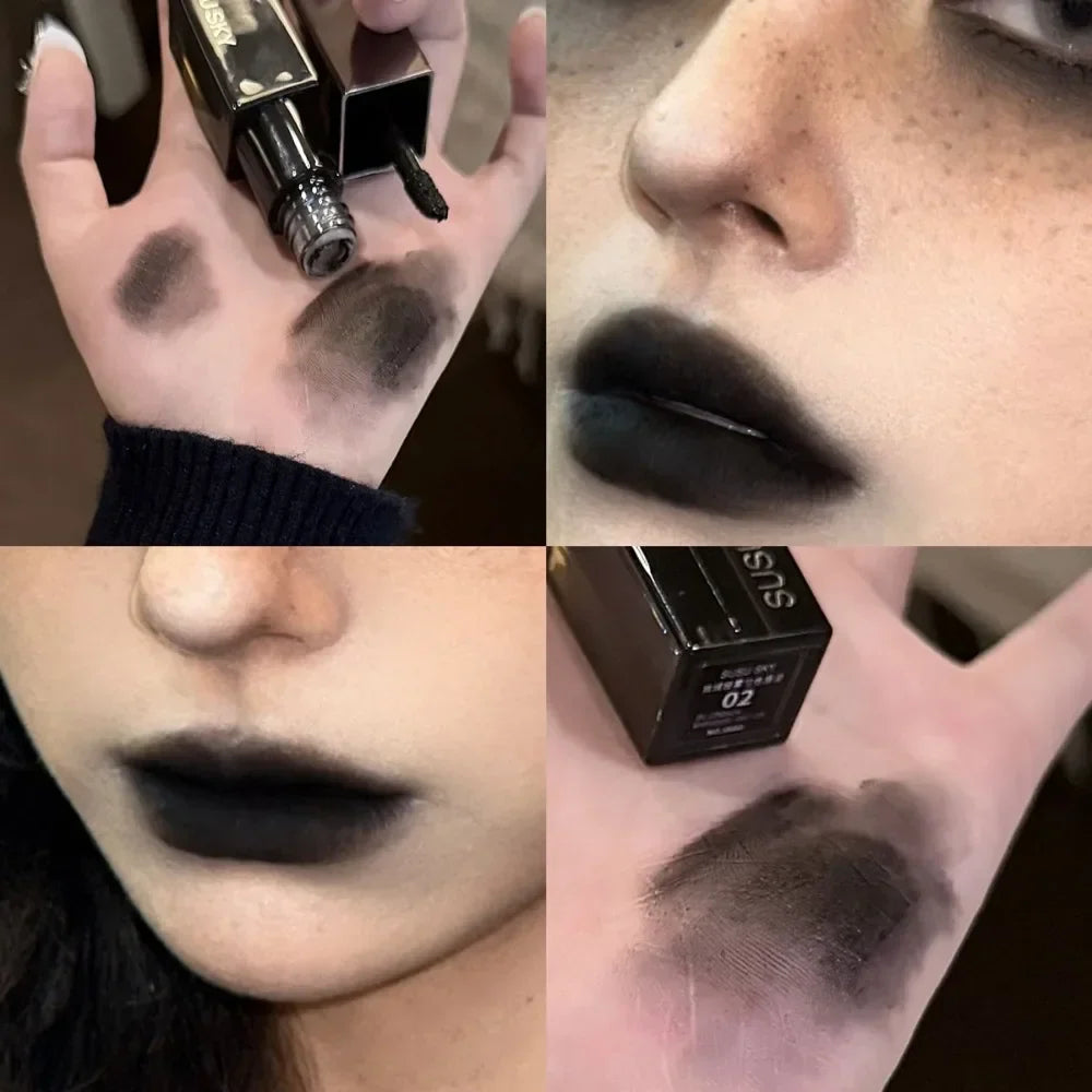 Gothic gray and purple lipstick by Blushimmer featuring velvet matte finish, long-lasting, waterproof lip gloss and mousse tint.