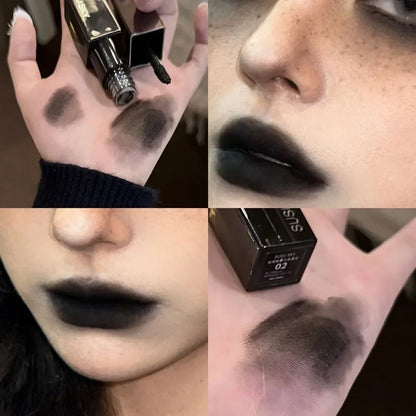 Gothic gray and purple lipstick by Blushimmer featuring velvet matte finish, long-lasting, waterproof lip gloss and mousse tint.