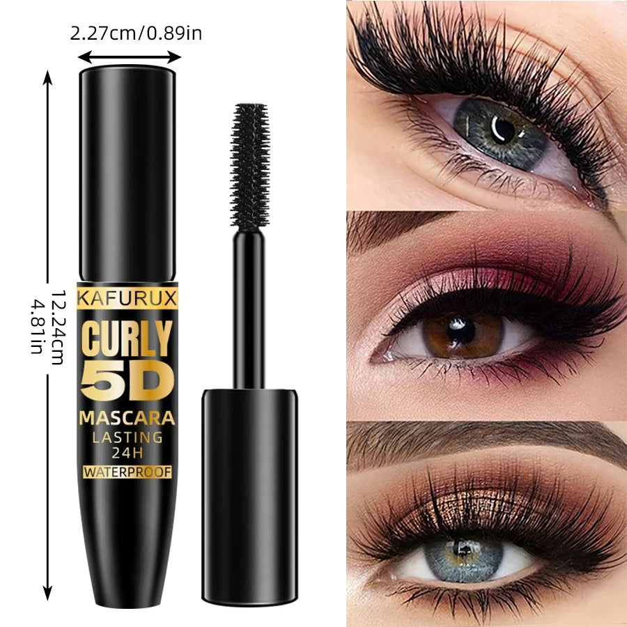 Black waterproof 5D mascara by Blushimmer with silk fiber for lengthening and thickening eyelashes, ideal for makeup and eye enhancement.