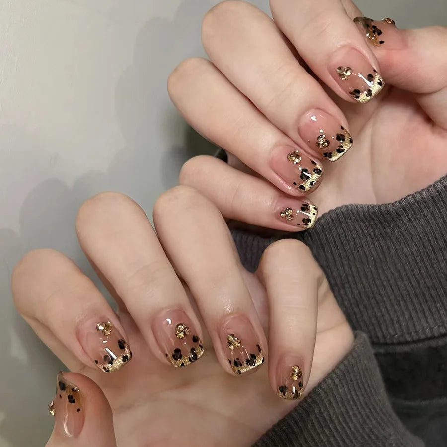 Blushimmer 3D bowknot pearl and leopard French nude almond fake nails, detachable press-on false nails, stylish nail art design