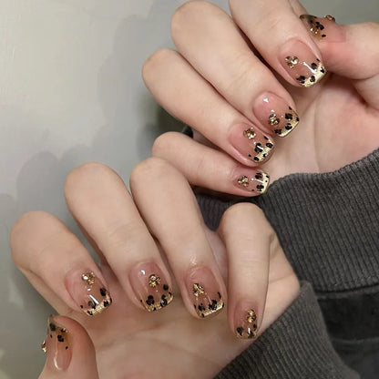 Blushimmer 3D bowknot pearl and leopard French nude almond fake nails, detachable press-on false nails, stylish nail art design