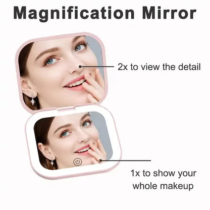 Blushimmer 2X magnifying compact vanity makeup mirror with LED lights, foldable portable handheld cosmetic mirror for travel and grooming.