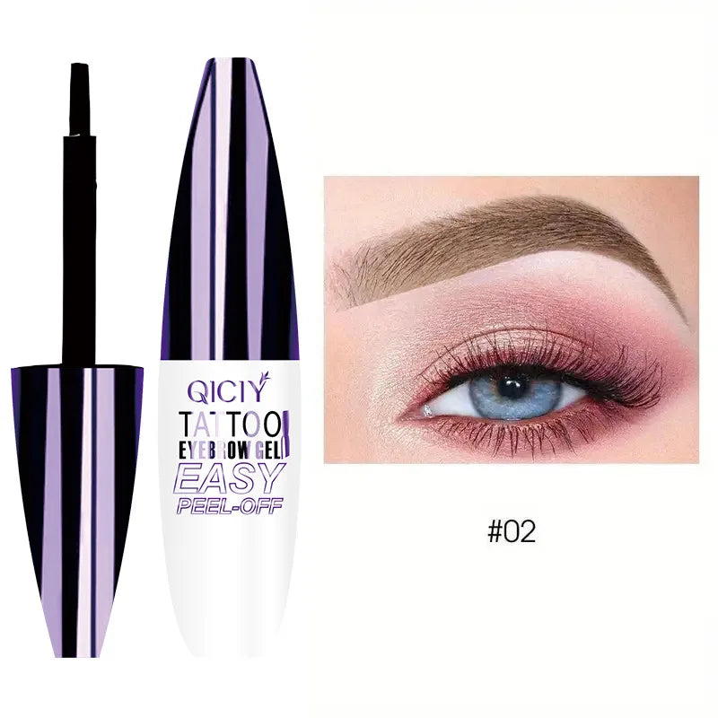 Blushimmer waterproof peel-off eyebrow tattoo tint in cream gel form, showing a close-up of the tinted, shaped eyebrows.