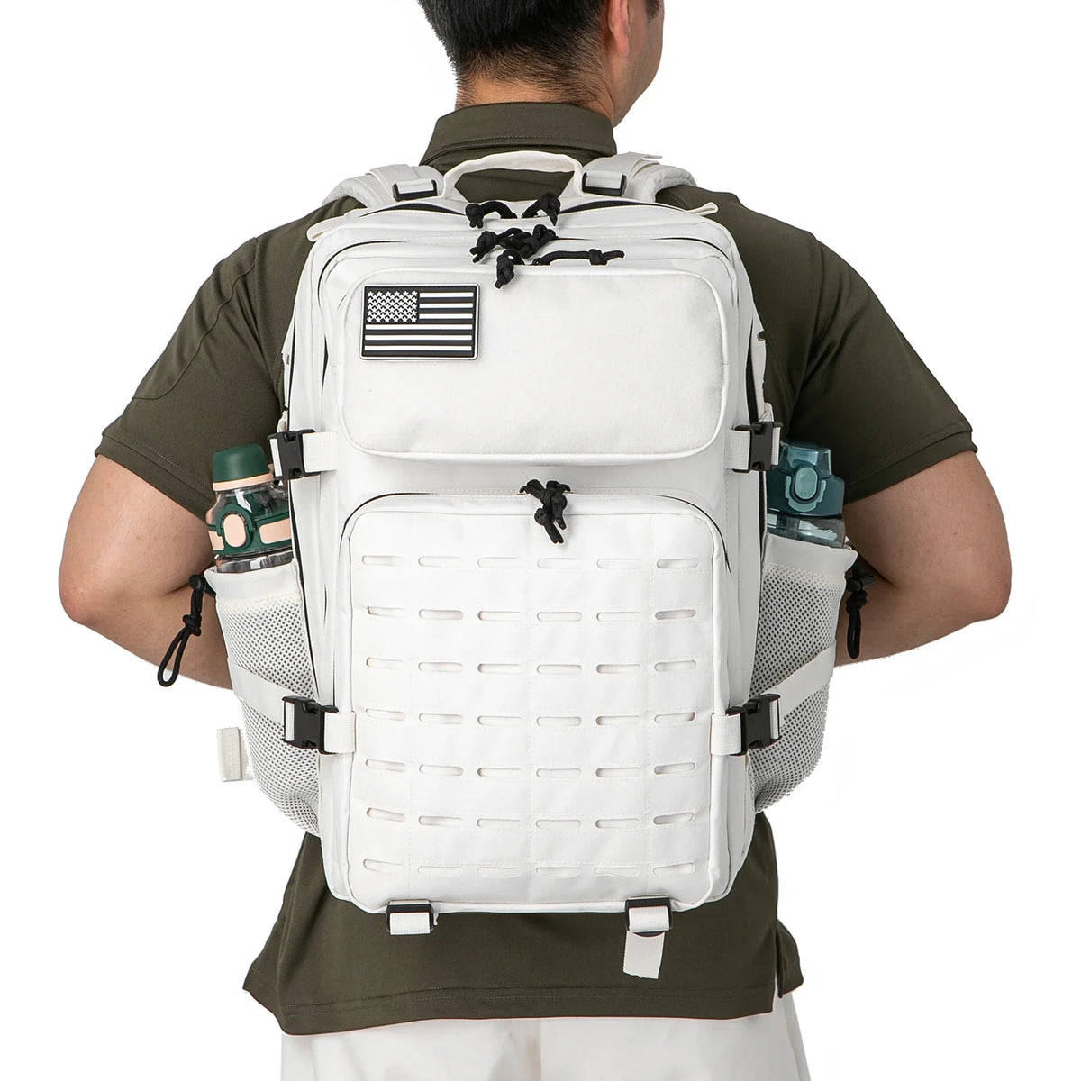 Adventure Club Store tactical backpack in black with water bottle holder, suitable for outdoor activities and small school use.