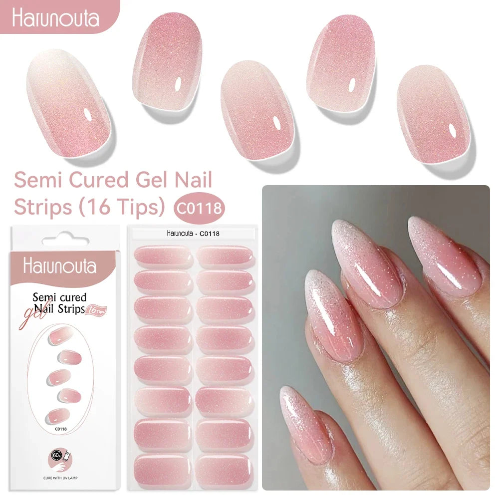 Blushimmer Harunouta 16-strip gradient red marble gel nail strips with gold lines for DIY nail art, compatible with UV and LED lights.