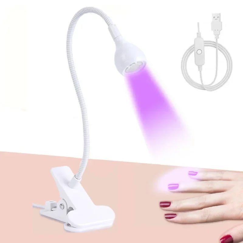 Blushimmer UV nail dryer lamp with 395nm wavelength, clip-on mini USB desk light for gel nails and manicures.