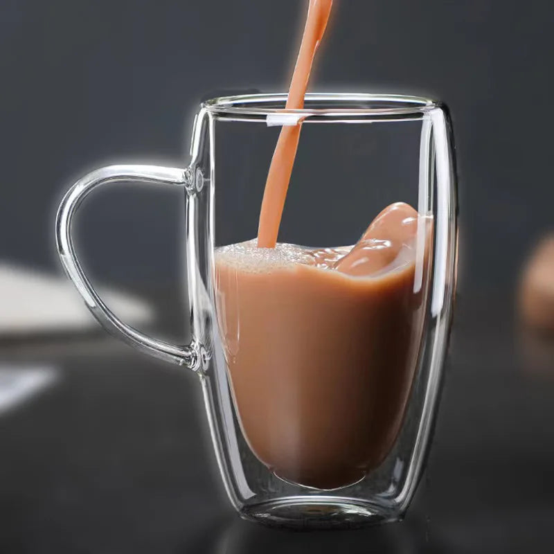 2PC Double Wall Glass Cup Heat Insulation Transparent Handmade Tea Drink Cups MINI Whisky glasses Coffee Mug with handle ﻿