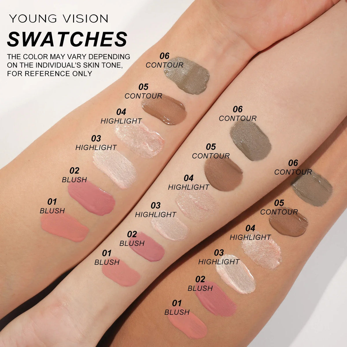 Blushimmer Young Vision air cushion powder blusher sticks in six high gloss liquid rouge shades, displayed in a close-up image.