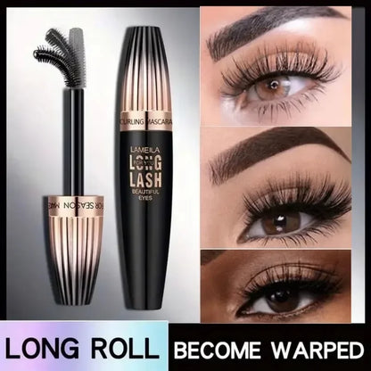 Silcy Skin waterproof 4D mascara with thickening, long-lasting curl, and smudge-proof formula applied on eyelashes.