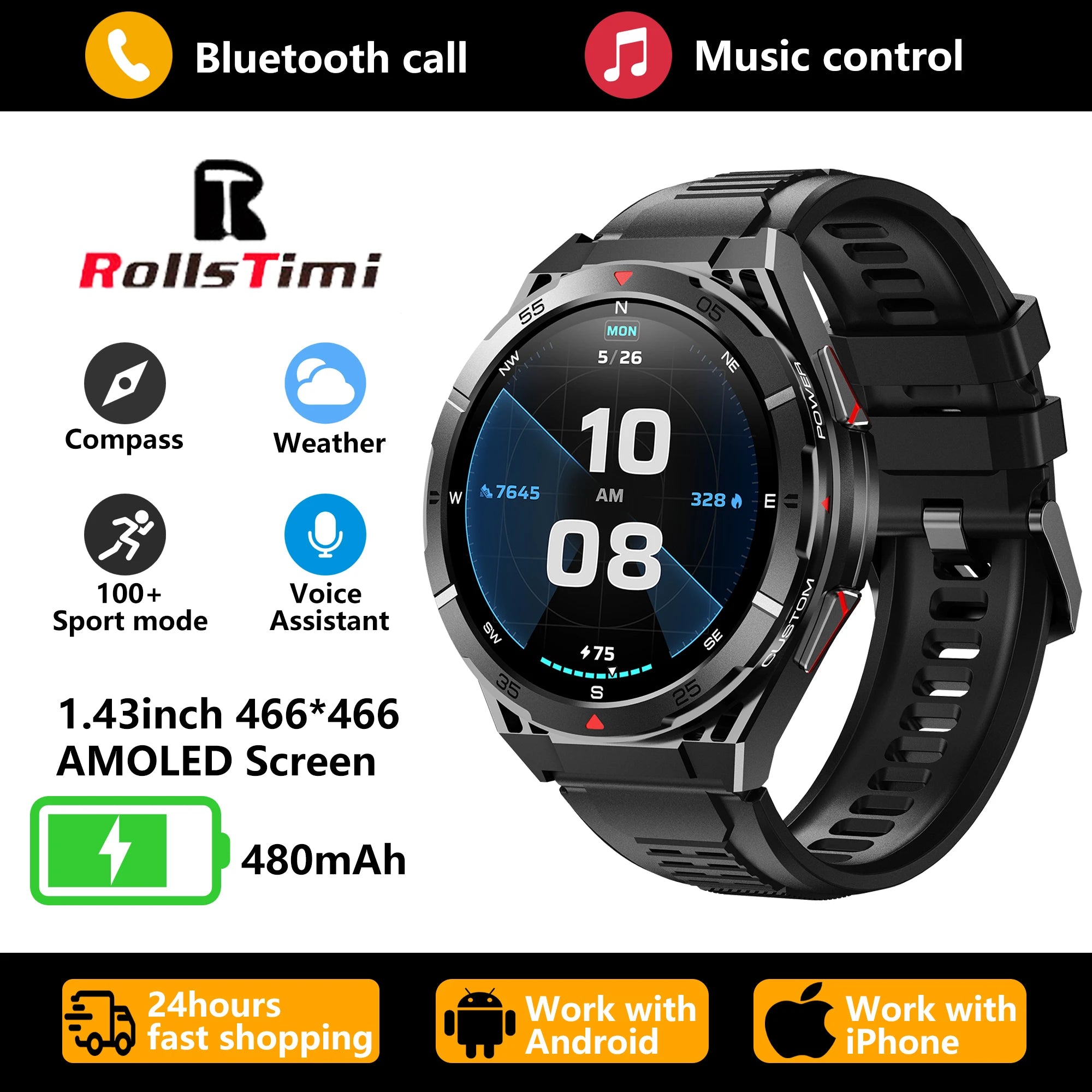 2026 new smart watch 1.43-inch high-definition AMOLED screen supports Bluetooth calls, GPS positioning, health monitoring