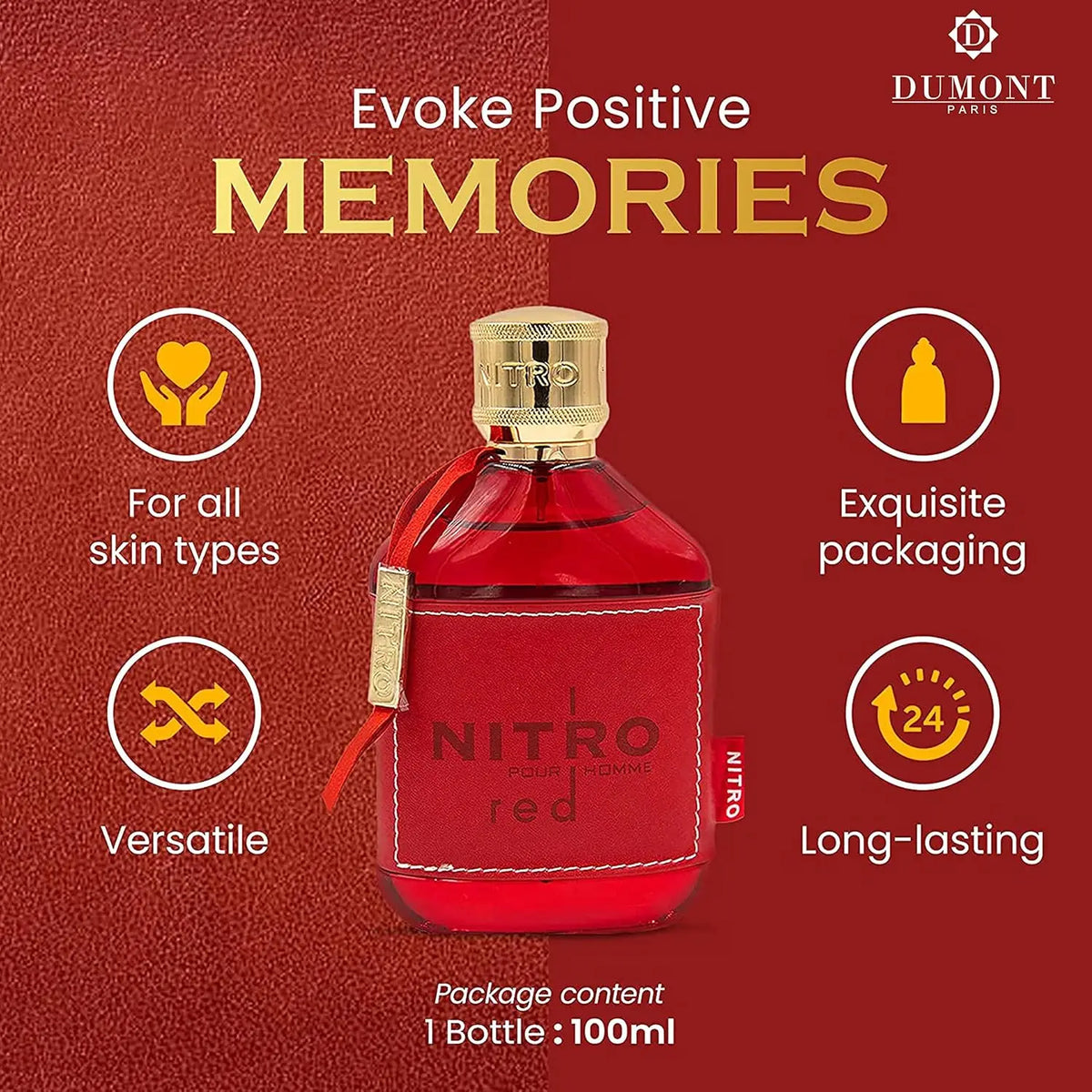 Dumont NITRO RED luxury men's Eau De Parfum by Blushimmer featuring a 3.4oz bottle with fruity, woody, floral, masculine scent.