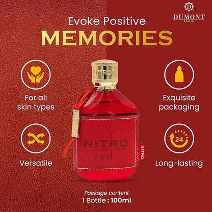 Dumont NITRO RED luxury men's Eau De Parfum by Blushimmer featuring a 3.4oz bottle with fruity, woody, floral, masculine scent.