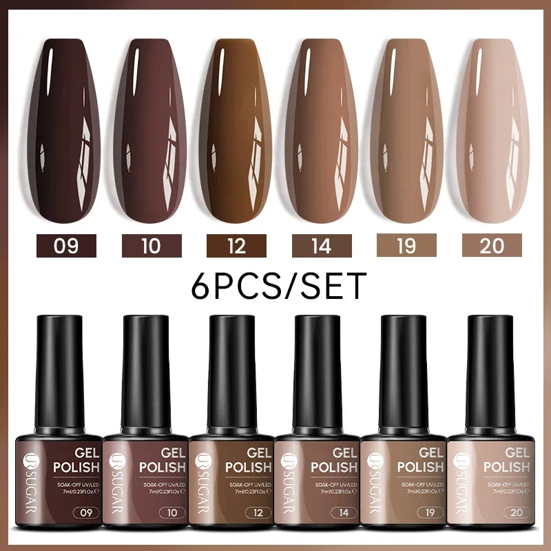 Blushimmer UR SUGAR 7ml all-season gel nail polish set with nude pink, red, and glitter shades for semi-permanent manicure.