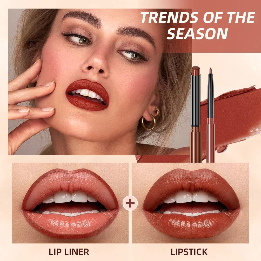 Blushimmer QIBEST 2pcs matte nude lipstick lipliner pens with waterproof, long-lasting formula and precise contour tips.