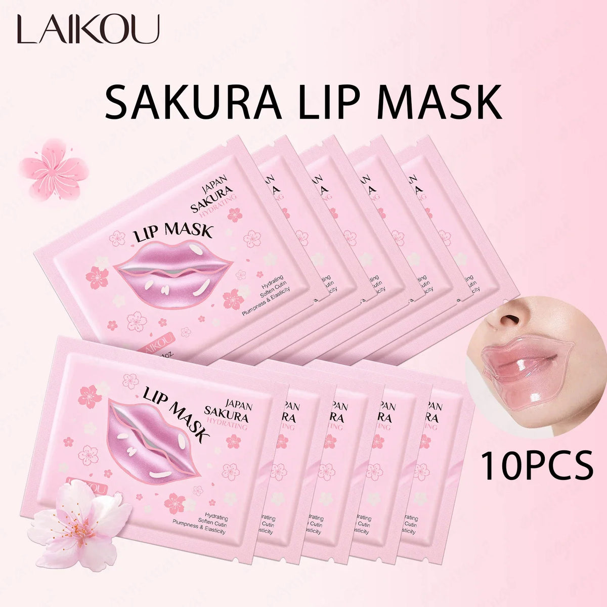 Blushimmer LAIKOU lip mask set with moisturizing and hydrating gel patches for repairing and brightening lips, shown in a close-up image.