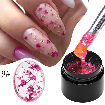 Blushimmer Meet Across 5ml pink dried flower gel nail polish with natural flower design for fairy nail art, UV and LED soak-off varnish