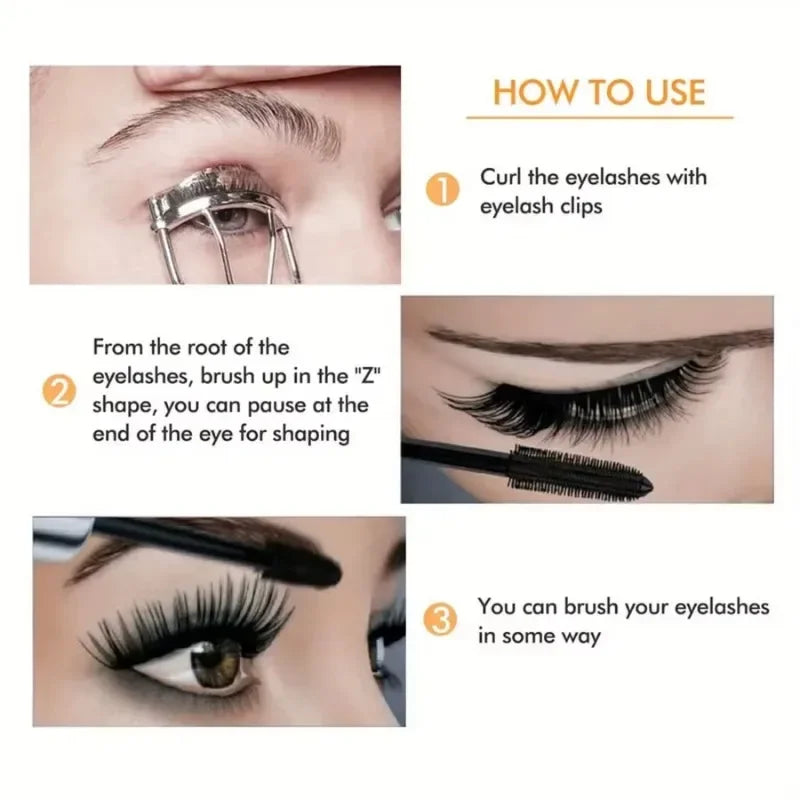 Silcy Skin waterproof 4D mascara showing thick, long, curled lashes with a smudge-proof, plump eye makeup look.