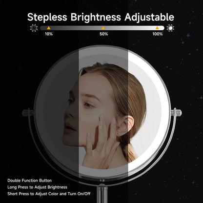 Blushimmer lighted makeup mirror with bright LEDs, 1x/10x magnification, touch control, and 360° rotation on tabletop.