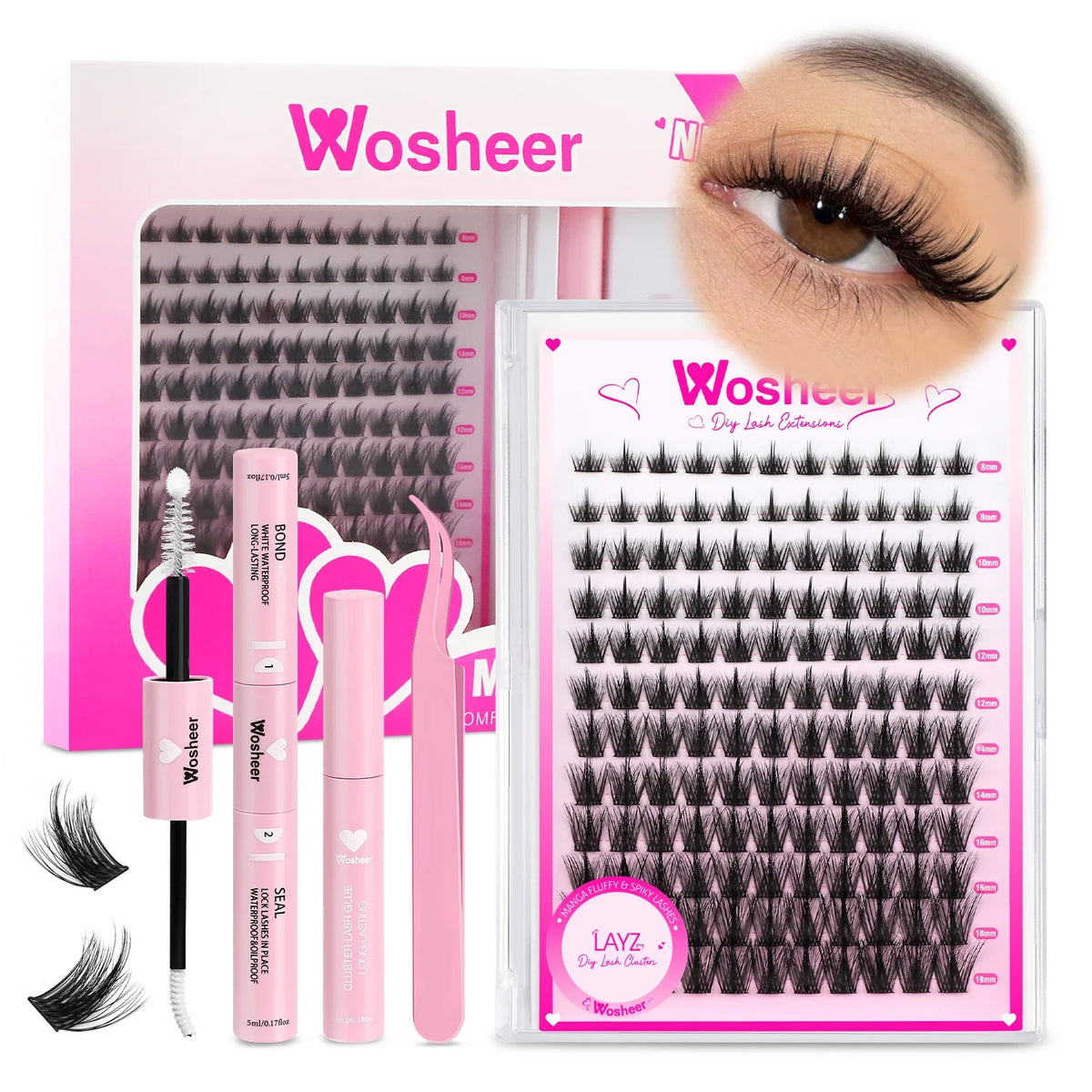 Blushimmer WOSHEER eyelash clusters kit with faux mink lashes, lash bond, seal, and remover for DIY eyelash extension application.