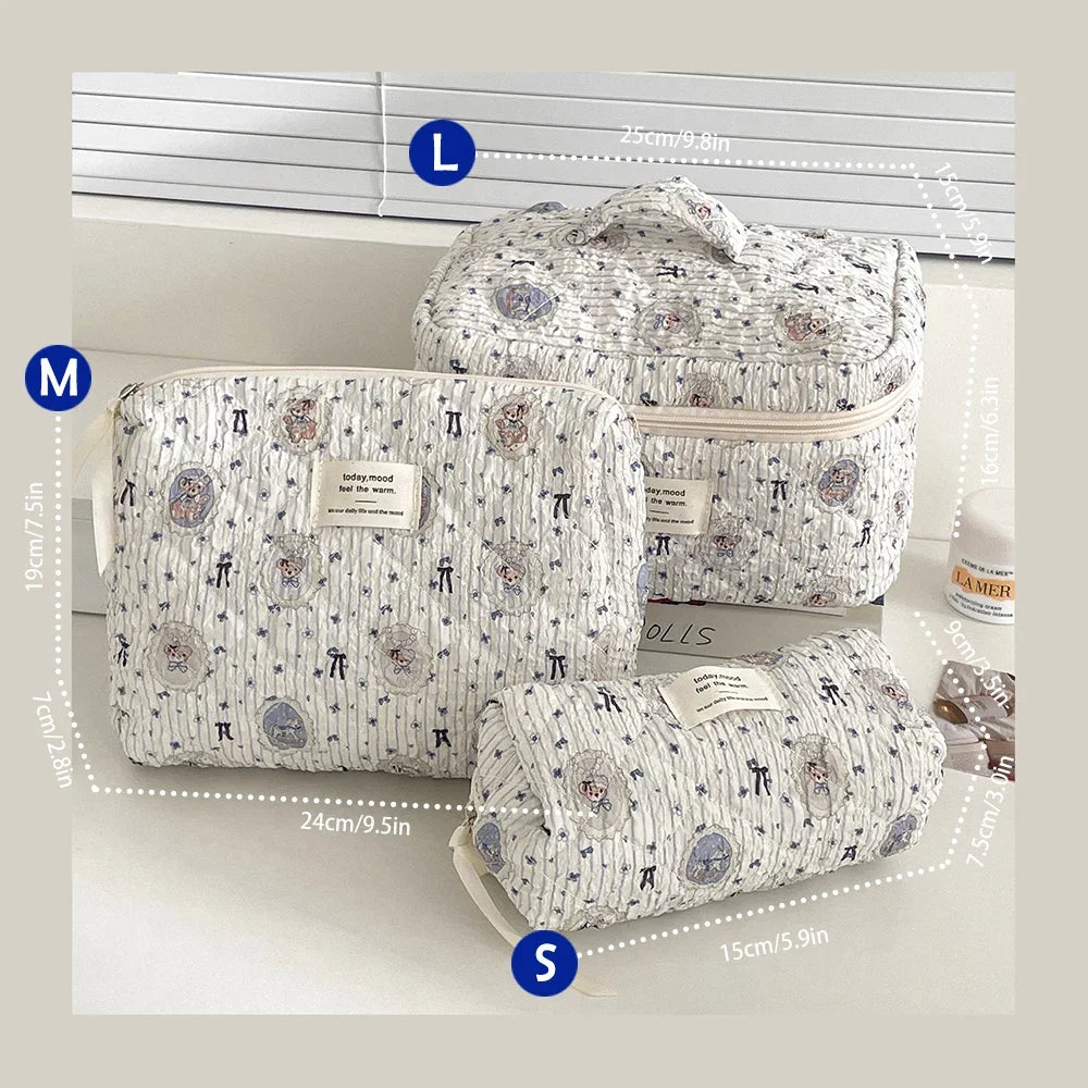 Cute quilted cotton makeup bag by Blushimmer, zipper closure, portable cosmetic organizer in box shape for women and girls.