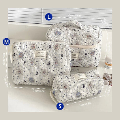 Cute quilted cotton makeup bag by Blushimmer, zipper closure, portable cosmetic organizer in box shape for women and girls.
