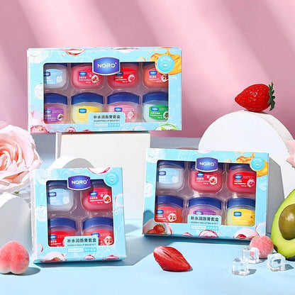 Blushimmer fruit series lip balm set with 4, 6, or 8 moisturizing, hydrating, non-sticky lip masks for soft lips.