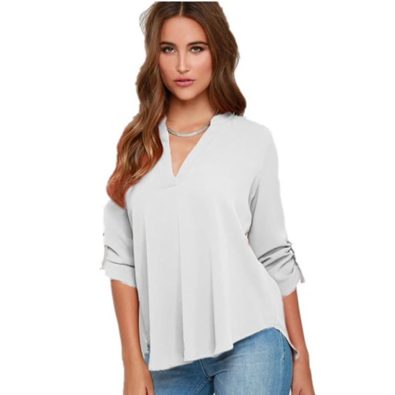Women Tops Blouses Long Sleeve  V-Neck Chiffon Blouse office work Shirt
