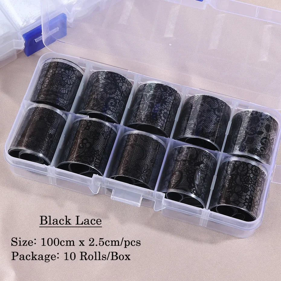 Set of 10 white and black lace nail art foil rolls by Blushimmer, featuring transfer sticker paper for DIY manicure decoration.