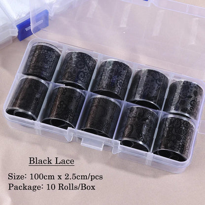 Set of 10 white and black lace nail art foil rolls by Blushimmer, featuring transfer sticker paper for DIY manicure decoration.