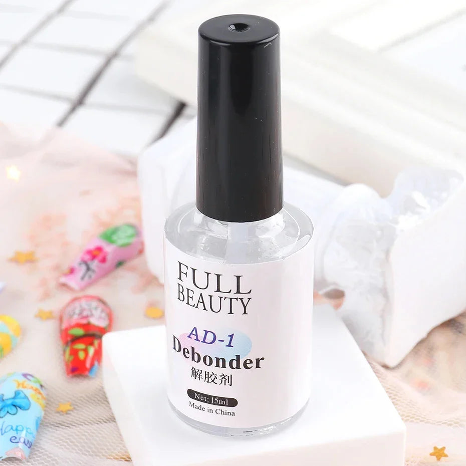 Blushimmer 15ml nail glue remover liquid for false nail tips, gel debonder, and press-on nails with rhinestone removal.
