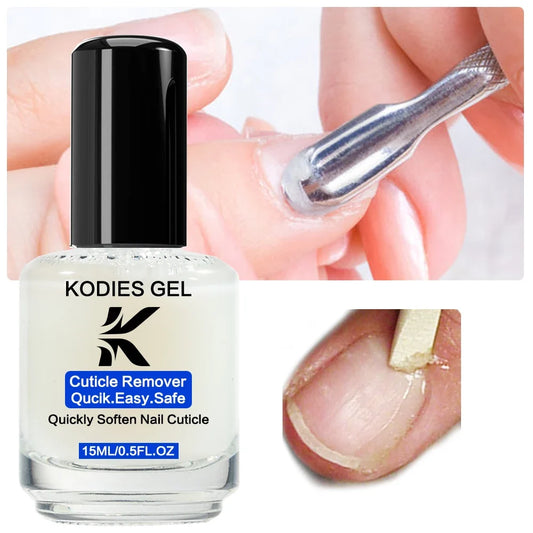 Blushimmer KODIES GEL Cuticle Remover 15ML bottle with applicator for gentle nail and foot cuticle exfoliation and softening.