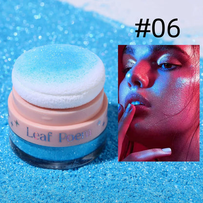 Blushimmer pearlescent glitter powder for hair, face, and body, perfect for highlighting and blush at music festivals.