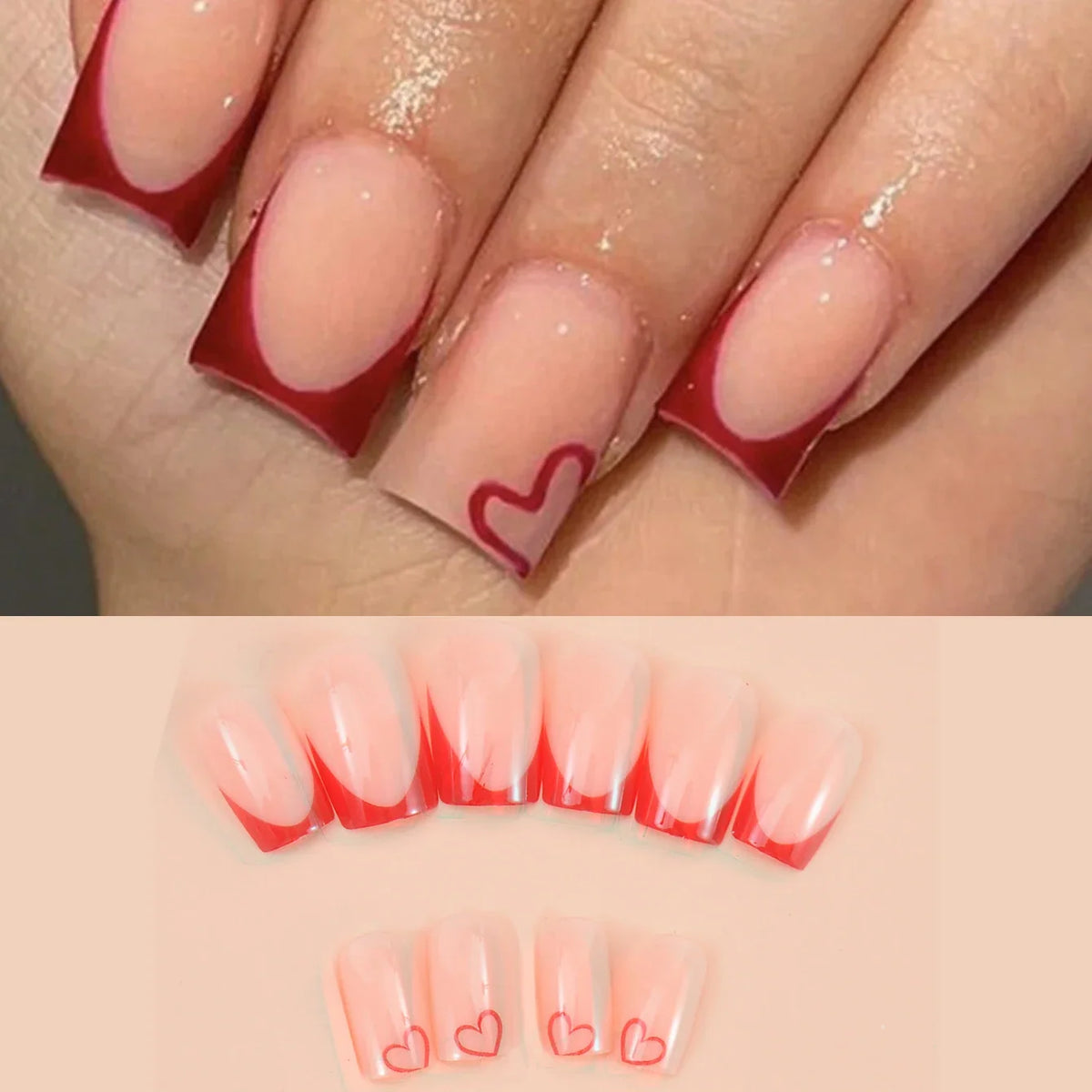 Red heart-shaped false nail set by Blushimmer with 24 pieces, detachable design, and included cuticle pusher for easy manicure.