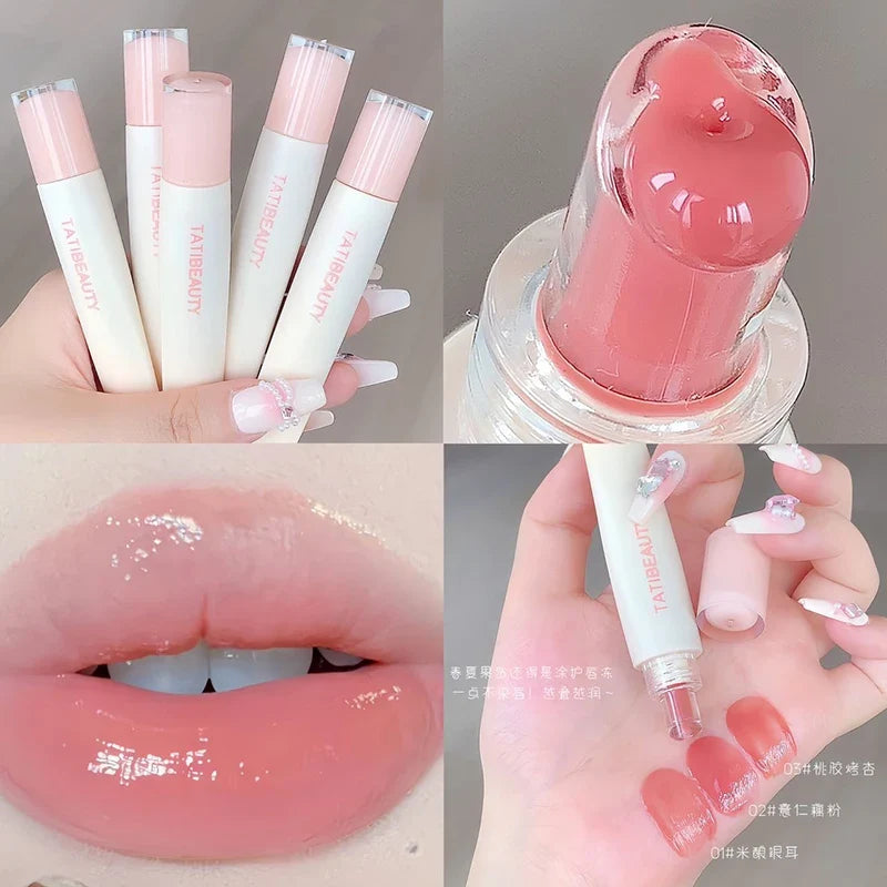 Blushimmer Tatibeauty Lip Jelly Essence in Tender Pink, hydrating lip gloss with a glossy finish, displayed in a sleek container