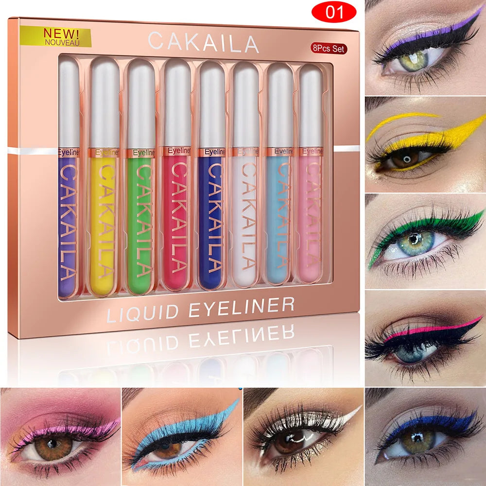 Blushimmer 8-color waterproof eyeliner pen set with glitter and matte eye makeup, featuring long-lasting, vibrant colored eye pencils.