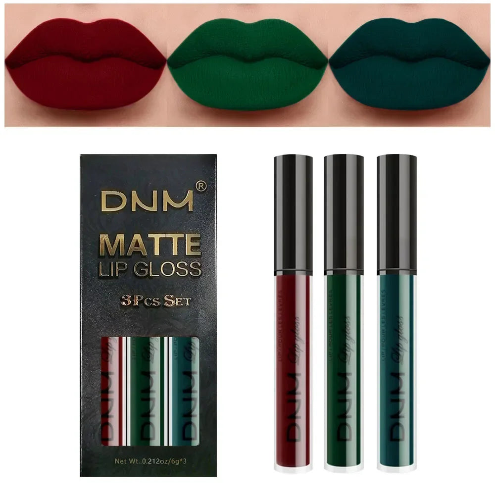 Set of four waterproof liquid lipsticks by Blushimmer in black, blue, purple, and green matte and nude lip tint shades.