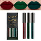Set of four waterproof liquid lipsticks by Blushimmer in black, blue, purple, and green matte and nude lip tint shades.