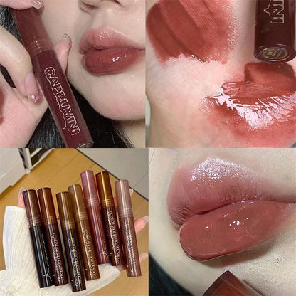 Blushimmer punk dark brown mirror water lip gloss with red and clear tint, transparent glass container, waterproof liquid lipstick.