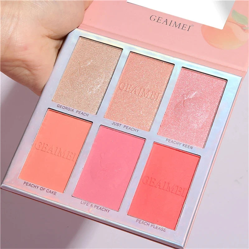 Blushimmer six-color blush and highlighter eyeshadow palette with pink, glitter, and natural contour shades for makeup.