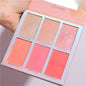 Blushimmer six-color blush and highlighter eyeshadow palette with pink, glitter, and natural contour shades for makeup.