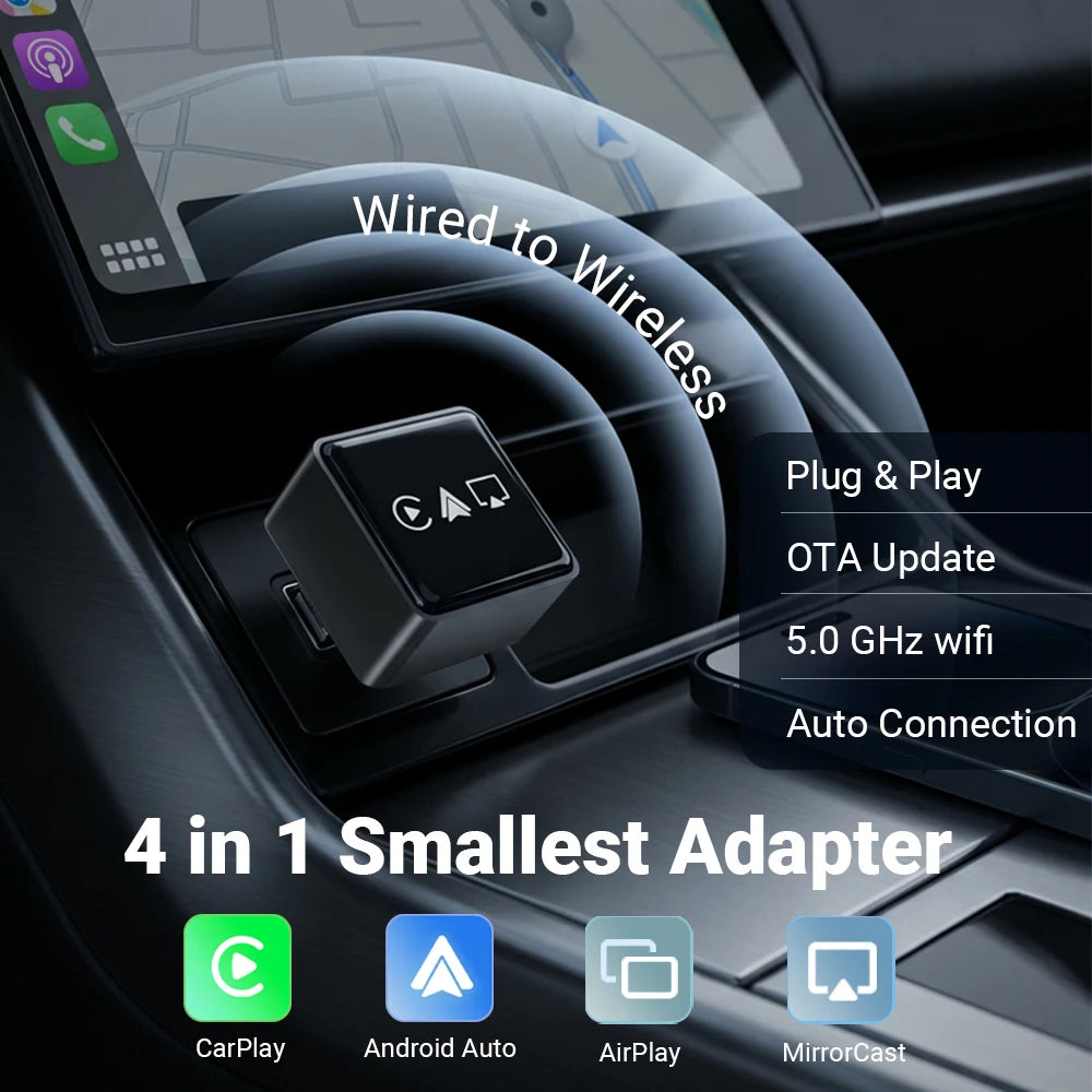Smart 4 in 1 CarPlay Wireless Dongle, Wired to Wireless CarPlay & Android Auto Converter with AirPlay MirrorCast Function, Quick