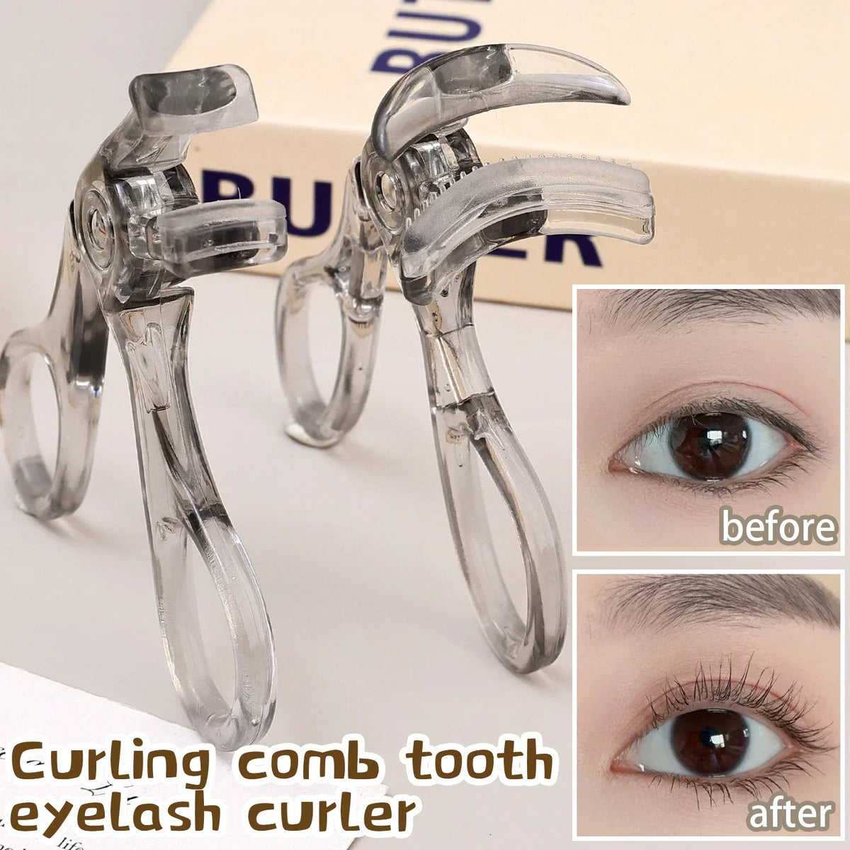 Blushimmer frameless eyelash curler with refill pad, showcasing its curved metal design for long-lasting lash shaping.