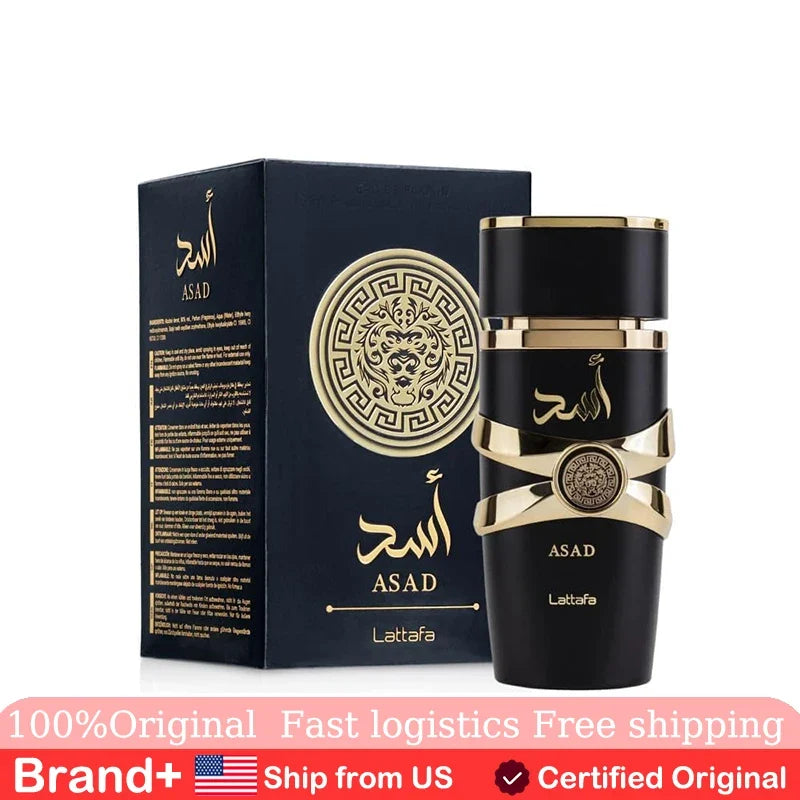 Lattafa Asad unisex Eau De Parfum spray by Blushimmer, 3.4 oz, long-lasting Arabian fragrance in elegant bottle.