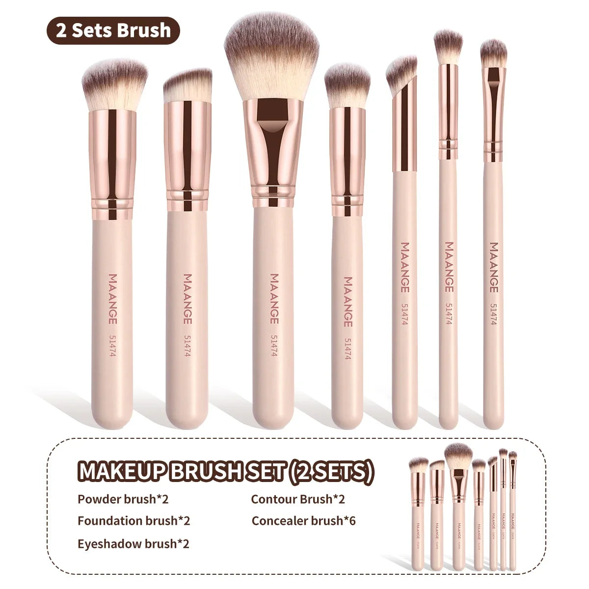 Set of 7 Blushimmer makeup brushes with soft bristles for foundation, powder, concealer, and blush application.