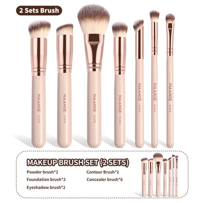 Set of 7 Blushimmer makeup brushes with soft bristles for foundation, powder, concealer, and blush application.