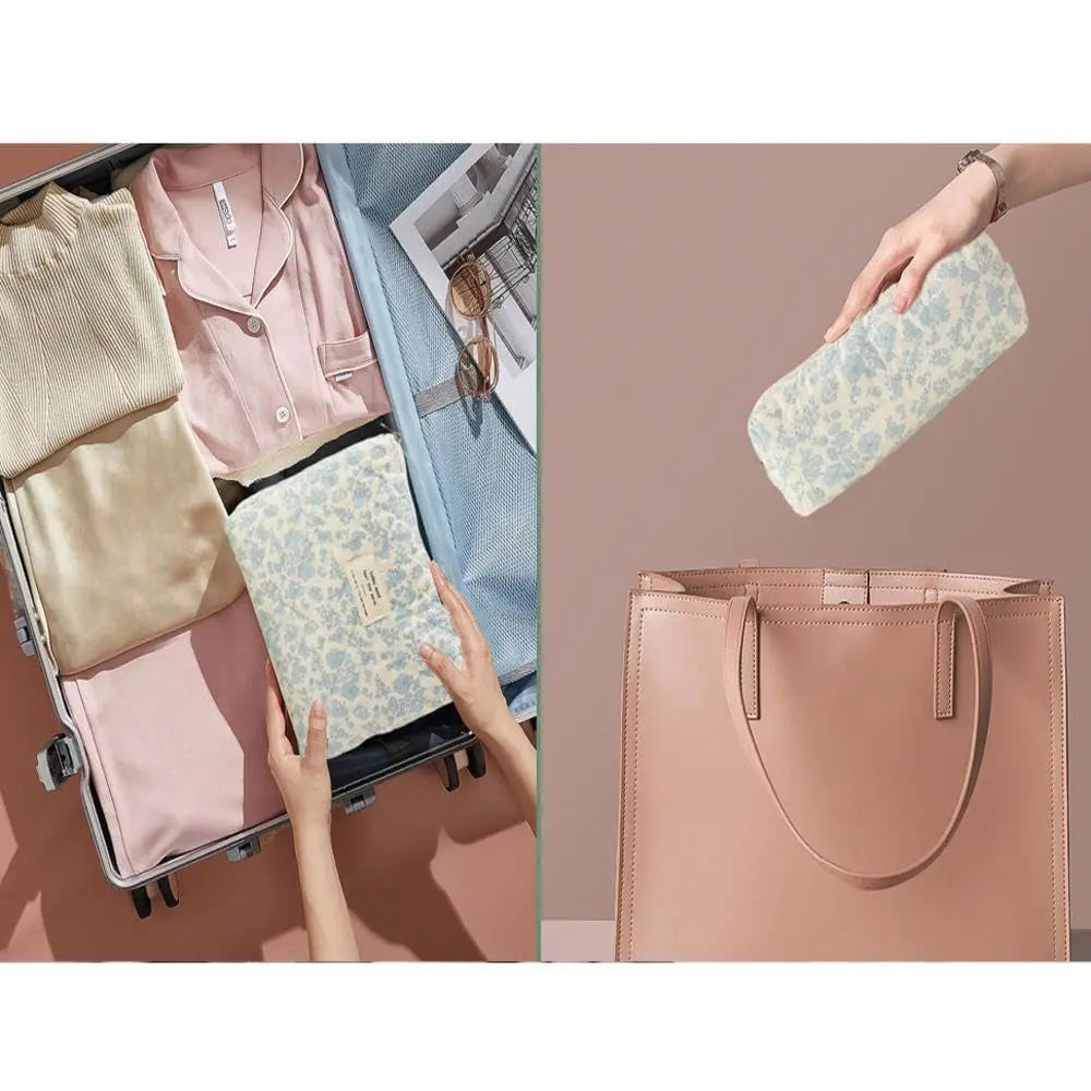 Cute quilted cotton makeup bag by Blushimmer with zipper closure, portable cloth organizer for cosmetics and toiletries.